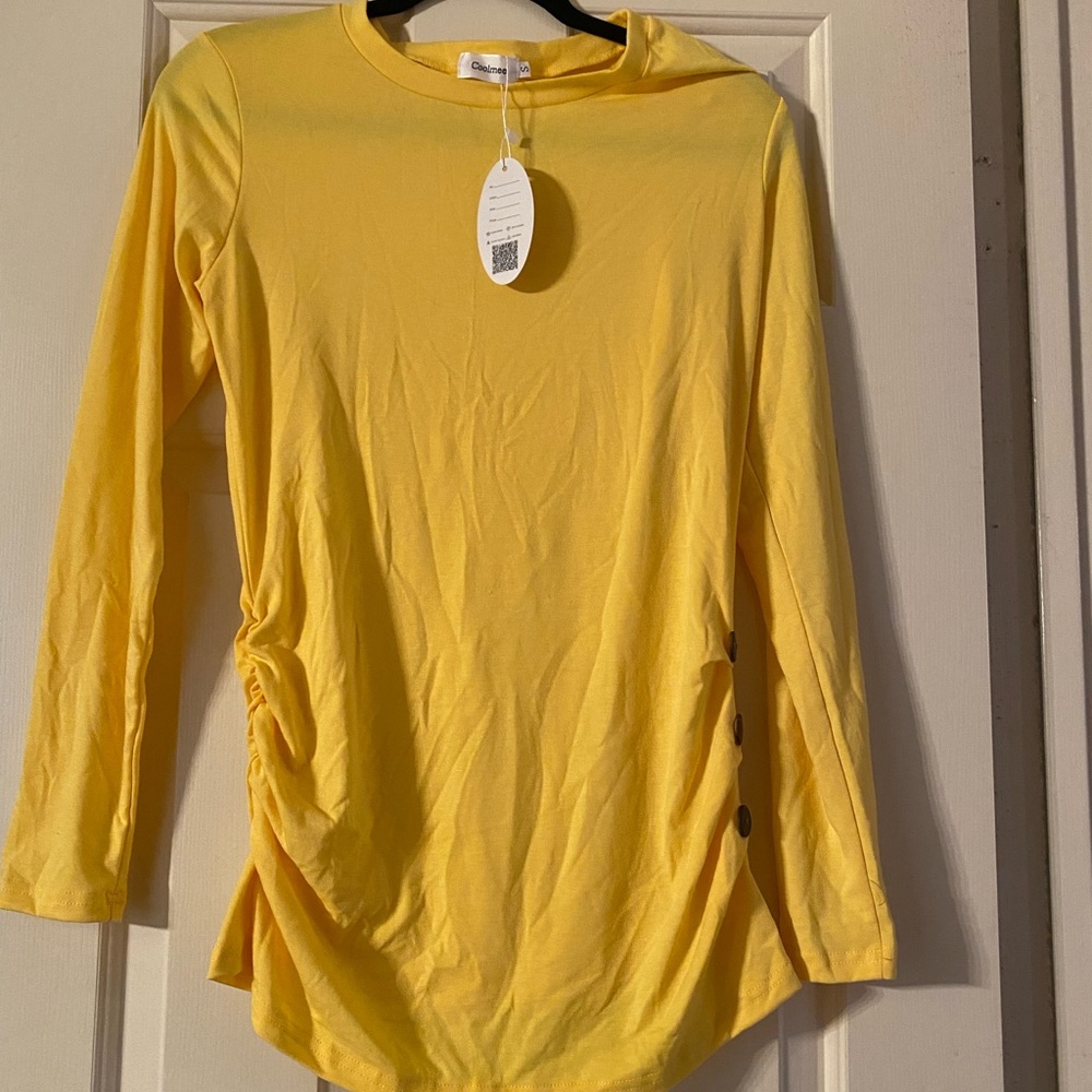 Coolmee Yellow Ruched Side Button Maternity Tunic Top